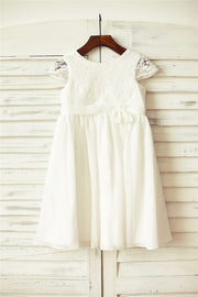 Ivory Lace Chiffon Flower Girl Dress with Cap Sleeves