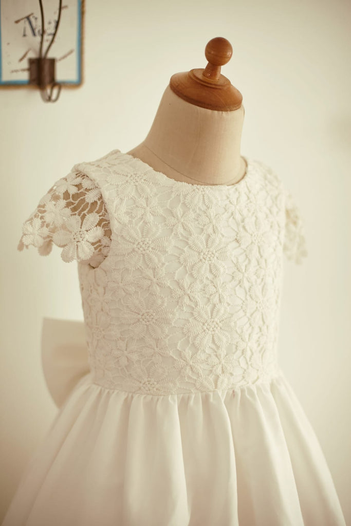 Ivory Lace Cotton Cap Sleeves Wedding Flower Girl Dress with
