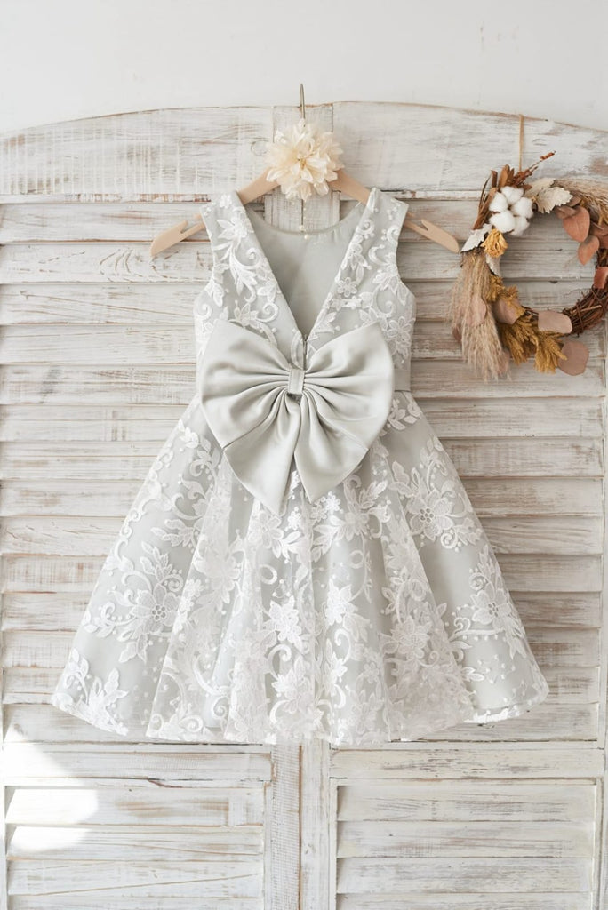 Ivory Lace Deep V Back Wedding Flower Girl Dress with Silver