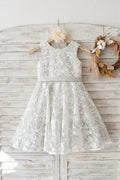 Ivory Lace Deep V Back Silver Lining Wedding Flower Girl Dress, Bow