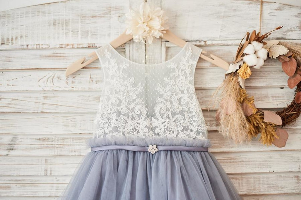 Ivory Lace Gray Tulle Sheer Back Wedding Flower Girl Dress 