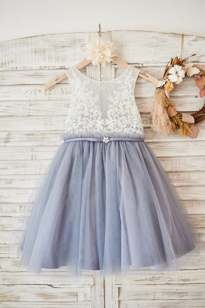 Ivory Lace Gray Tulle Sheer Back Wedding Flower Girl Dress 
