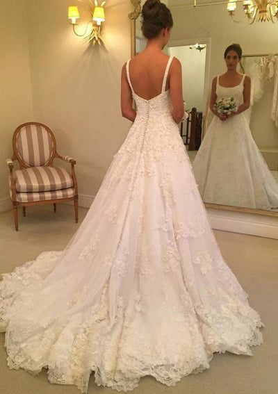 Ivory Lace A-Line Scoop Neck Sleeveless Court Wedding Dress 