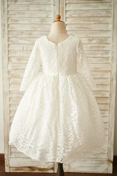 Ivory Lace Long Sleeves Wedding Flower Girl Dress with 