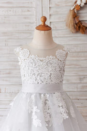 Ivory Lace Mauve / Silver Gray Tulle Wedding Flower Girl 