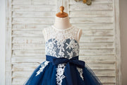 Ivory Lace Navy Blue Tulle Wedding Flower Girl Dress with V 