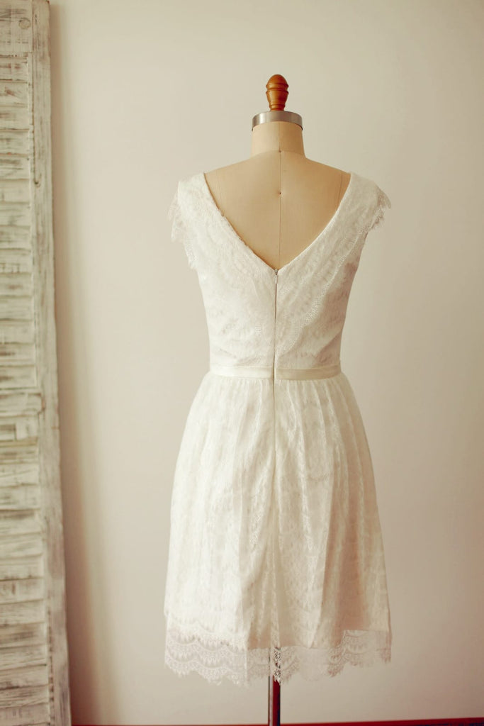 off white knee length wedding dresses knee length bridal dresses In Stock Size 6 Long Sleeves V-Neckline Knee Length Wedding Dress #4 Custom Size / Knee-Length / Ivory -parroquiadesanalbertomagno.com