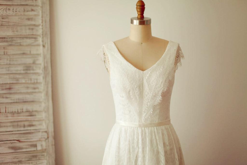 Ivory Lace V Neck Cap Sleeves Short Knee Length Wedding Dress 2 Ivory Lace V Neck Cap Sleeves Short Knee Length Wedding Dress 2