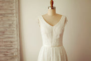 A Line V neck Cap Sleeves Short Knee Length Lace Wedding 