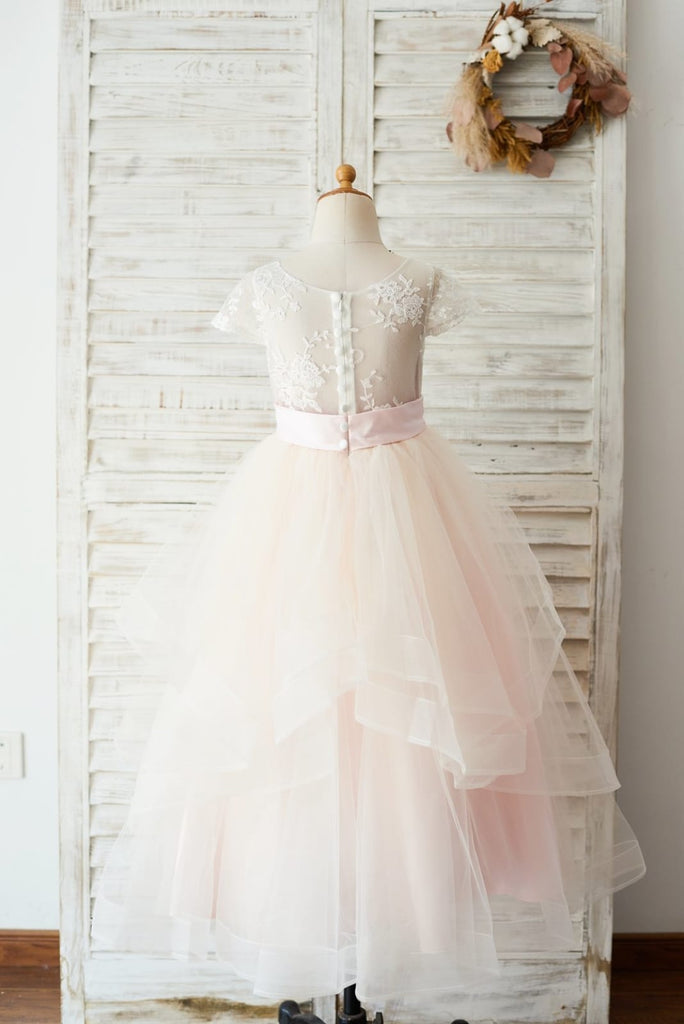 Ivory Lace Pink Tulle Cap Sleeves Wedding Flower Girl Dress 