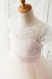 Ivory Lace Pink Tulle Cap Sleeves Wedding Flower Girl Dress 