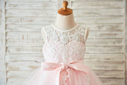 Ivory Lace Pink Tulle Wedding Flower Girl Dress with V Back