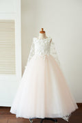 Ivory Lace Pink Tulle Wedding Party Flower Girl Dress, Butterfly Cape