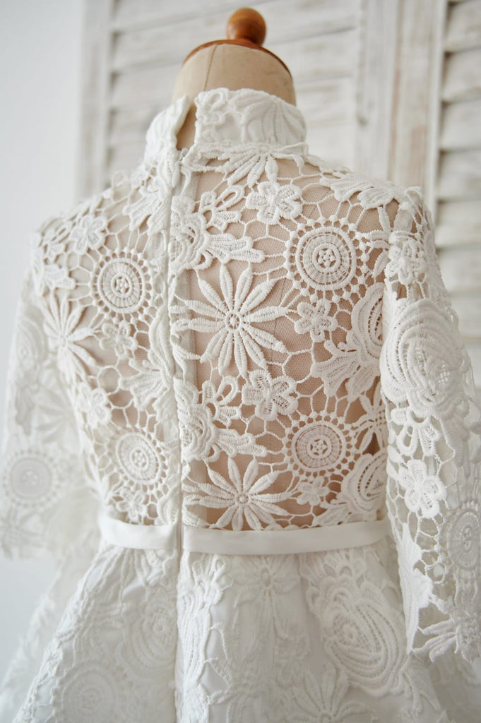Ivory Lace Satin High Neck Long Sleeves Wedding Flower Girl 