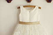 Ivory Lace Satin Wedding Flower Girl Dress with Champagne 