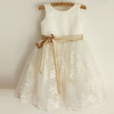 Ivory Lace Satin Wedding Flower Girl Dress, Champagne Belt