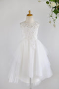 Vestido de niña de flores de boda de tul de lentejuelas de encaje marfil Hi-low