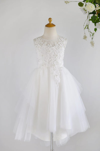 Ivory Lace Sequin Tulle Hi-low Wedding Flower Girl Dress
