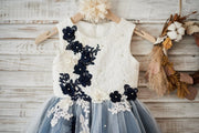 Ivory lace Silver Gray Tulle Wedding Flower Girl Dress with 