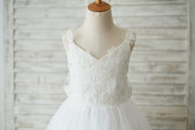 Ankle Length Ivory Lace Tulle 3D Flowers Wedding Flower Girl
