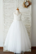 Vestido de niña de las flores de la boda de las flores 3D de tul de encaje marfil, lazo grande
