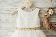 Ivory Lace Tulle V Back Wedding Flower Girl Dress with Gold 