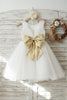 Vestido de niña de las flores de boda con espalda en V de tul de encaje marfil, lazo de lentejuelas doradas - 2T