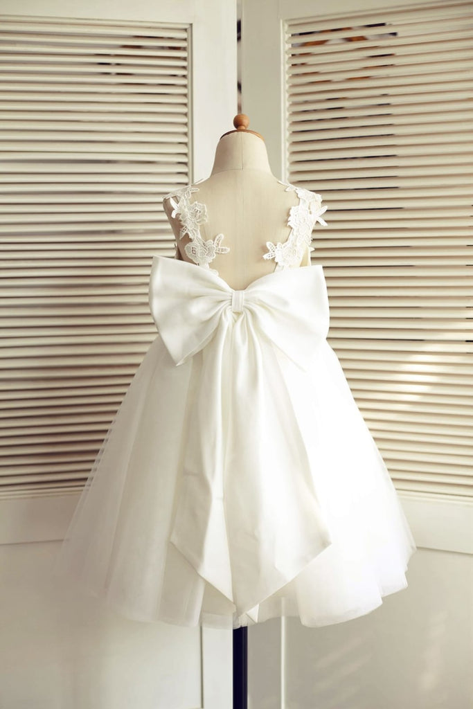 Illusion Back Bow Mini Flower Lace Tulle Wedding Dress - VQ