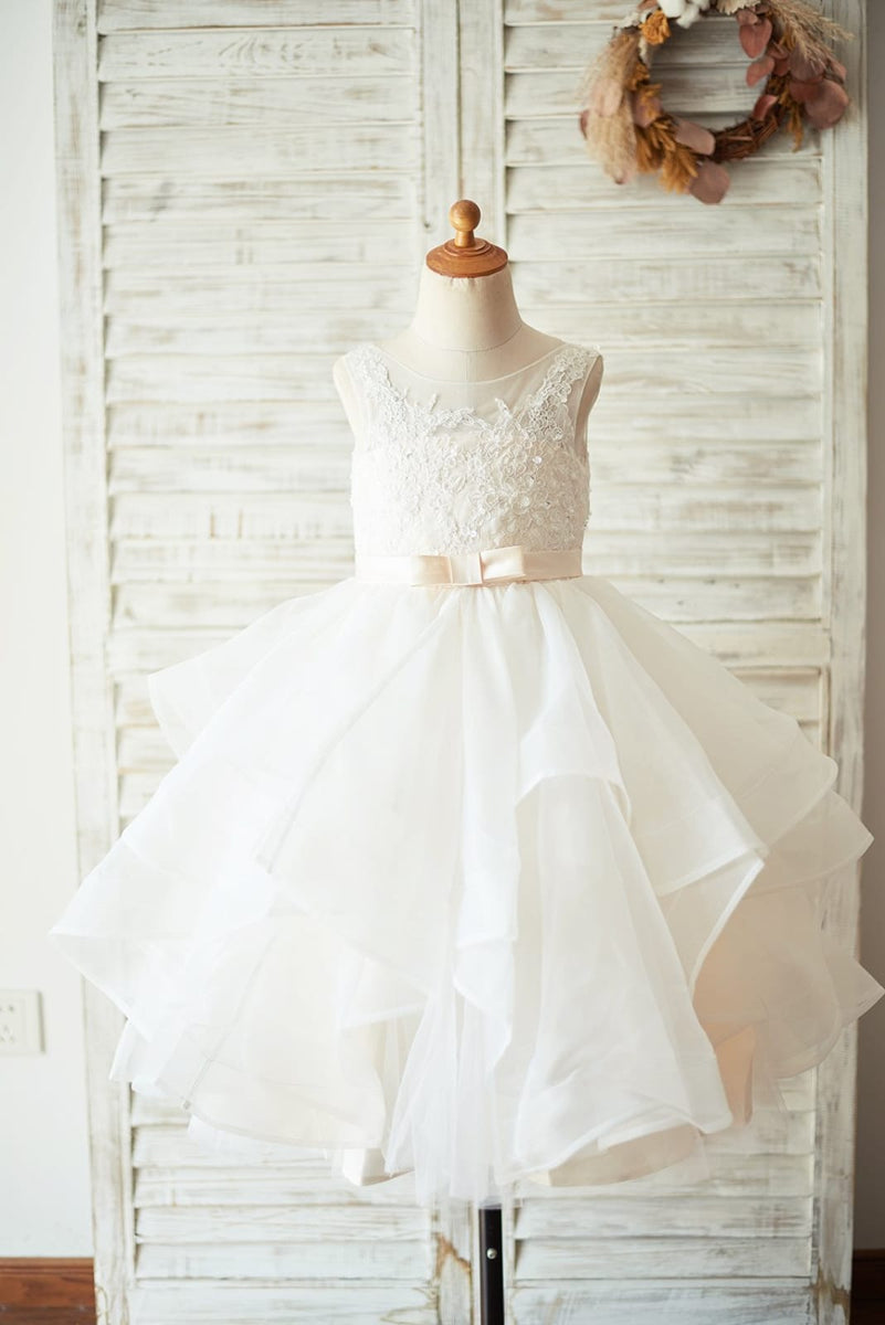 Short Sleeves Ivory Lace Tulle Wedding Flower Girl Dress, Champagne Lining main image 0