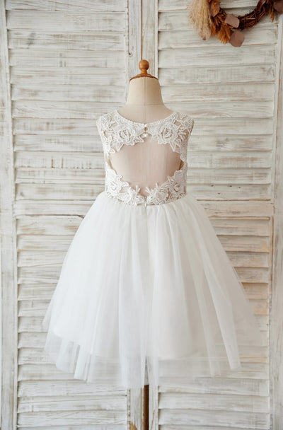 Ivory Lace Tulle Keyhole Back Wedding Flower Girl Dress