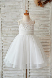 Ivory Lace Tulle Keyhole Back Wedding Flower Girl Dress