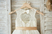 Ivory Lace Tulle Wedding Flower Girl Dress with Keyhole Back