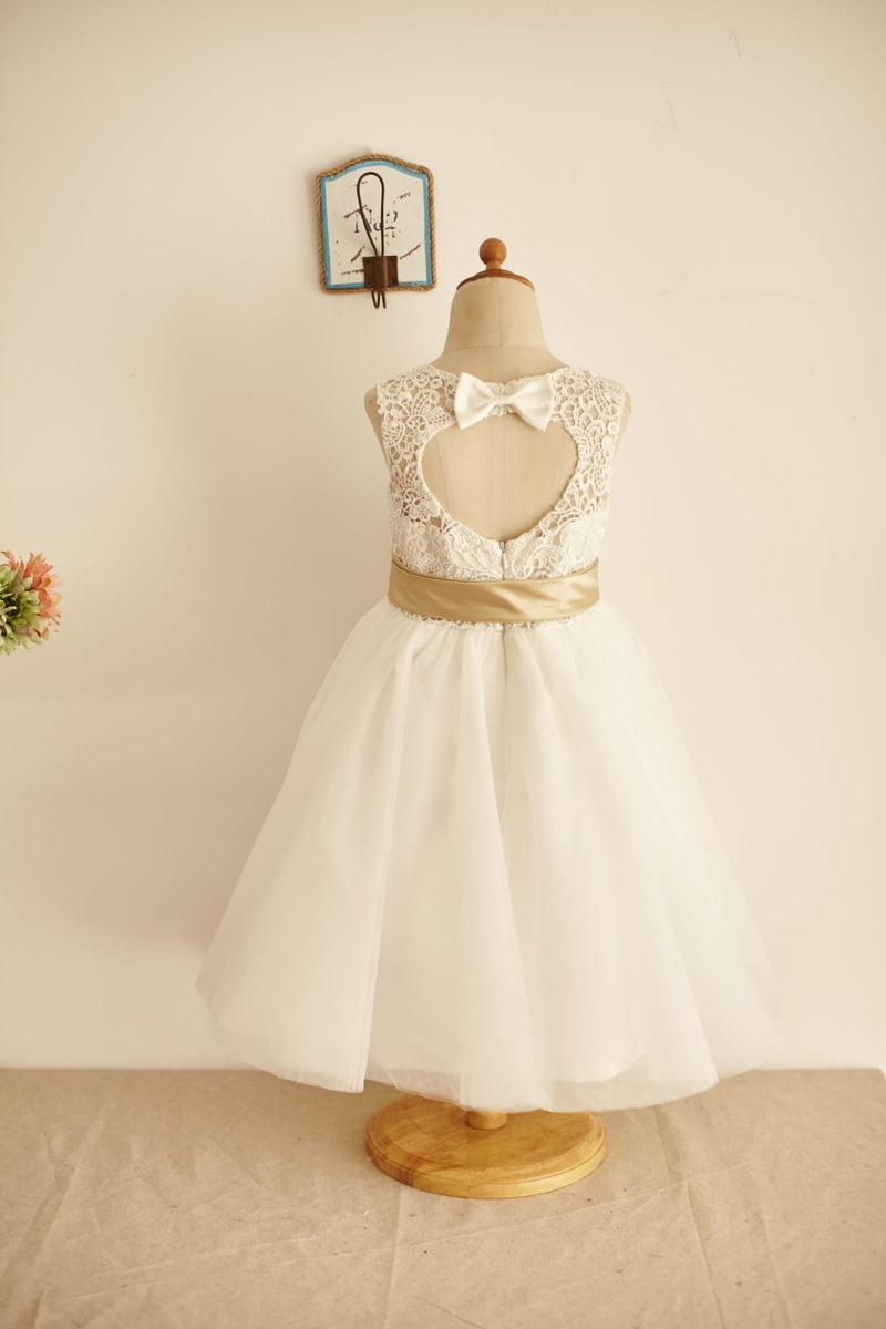 Ivory Lace Gray Tulle Sheer Back Wedding Flower Girl Dress, Belt