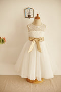 Ivory Lace Tulle Keyhole Back Wedding Flower Girl Dress, Belt