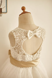 Ivory Lace Tulle Keyhole Back Wedding Flower Girl Dress with