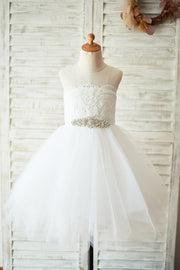 Ivory Lace Tulle Keyhole Backless Wedding Flower Girl Dress