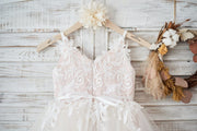 Ivory lace Tulle Spaghetti straps Wedding Flower Girl Dress 