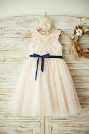 Ivory Lace Tulle Pink Lining Wedding Flower Girl Dress with 