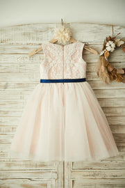 Ivory Lace Tulle Pink Lining Wedding Flower Girl Dress with 