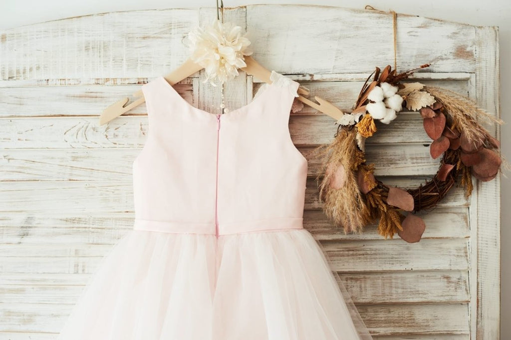 Ivory Lace Tulle Pink Satin Wedding Flower Girl Dress Junior