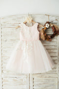 Vestido de niña de flores de boda de satén rosa de tul de encaje marfil Vestido de dama de honor junior