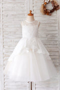 Vestido de niña de flores para fiesta de boda con espalda transparente de tul de encaje marfil