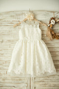 Ivory Lace Tulle Sheer Neck Wedding Flower Girl Dress