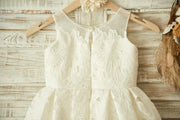 Ivory Lace Tulle Wedding Flower Girl Dress with Sheer Neck