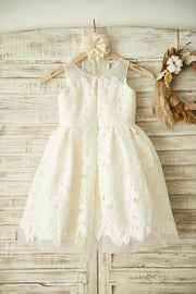 Ivory Lace Tulle Wedding Flower Girl Dress with Sheer Neck
