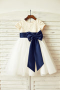 Ivory Lace Tulle Short Sleeves Flower Girl Dress, Bow