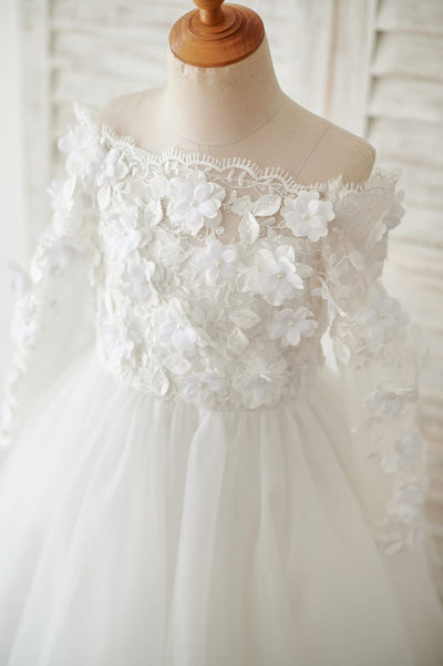 Ivory Lace Tulle Off Shoulder Long Sleeves Wedding Flower 
