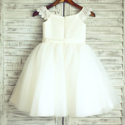 Ivory Lace Cap Sleeves Tulle Flower Girl Dress with Ivory 