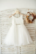 Ivory Lace Tulle Spaghetti Straps Wedding Flower Girl Dress, Beaded Belt