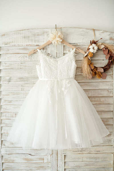 Ivory lace Tulle Spaghetti straps Wedding Flower Girl Dress 